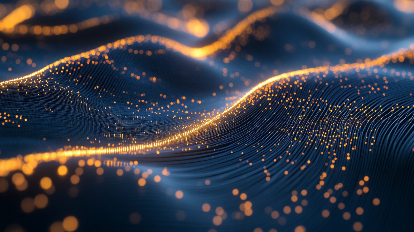 A flowing field of particles with gold accents — the structured flow of work